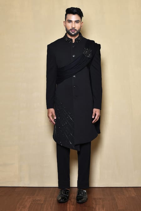 Shop_Arihant Rai Sinha_Black Silk Cut Work, Beads Placement Embroidered Sherwani Set _Online_at_Aza_Fashions