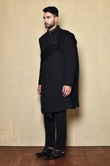 Arihant Rai Sinha_Black Silk Cut Work, Beads Placement Embroidered Sherwani Set _at_Aza_Fashions