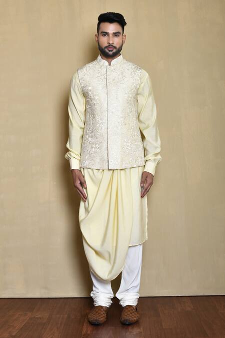 Arihant Rai Sinha_Cream Silk, Cotton Embroidery Bundi And Kurta Set_at_Aza_Fashions