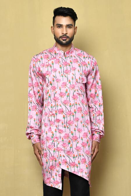 Arihant Rai Sinha_Pink Silk Embroidery Lotus Print Kurta Set_Online_at_Aza_Fashions