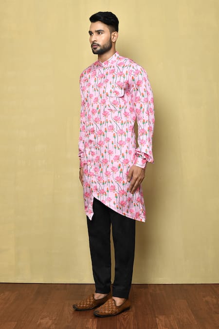 Shop_Arihant Rai Sinha_Pink Silk Embroidery Lotus Print Kurta Set_Online_at_Aza_Fashions