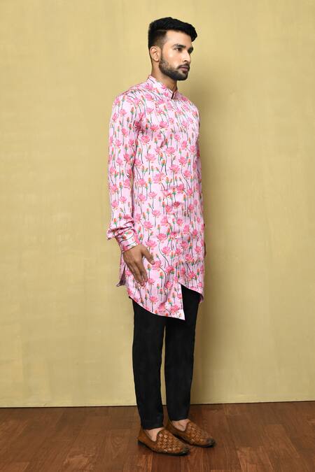 Arihant Rai Sinha_Pink Silk Embroidery Lotus Print Kurta Set_at_Aza_Fashions