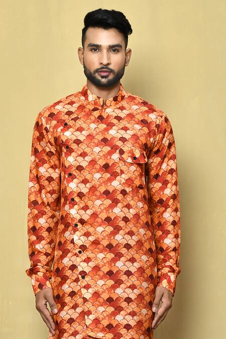 Arihant Rai Sinha_Orange Cotton Embroidery Scallop Print Kurta And Pyjama Set_Online_at_Aza_Fashions