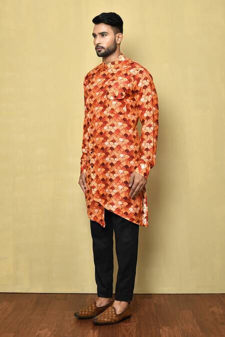 Shop_Arihant Rai Sinha_Orange Cotton Embroidery Scallop Print Kurta And Pyjama Set_Online_at_Aza_Fashions