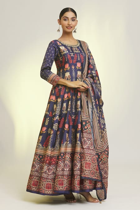 Samyukta Singhania Blue Soft Dola Silk Print Wildflora Round Neck Anarkali With Dupatta 