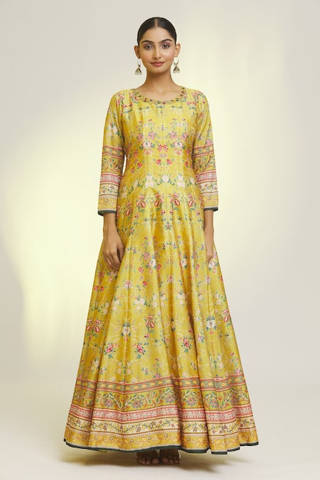 Samyukta Singhania_Yellow Silk, Denim Embroidery Round Neck Gardenia Print Anarkali With Dupatta_Online_at_Aza_Fashions