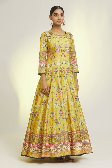 Buy_Samyukta Singhania_Yellow Silk, Denim Embroidery Round Neck Gardenia Print Anarkali With Dupatta_Online_at_Aza_Fashions