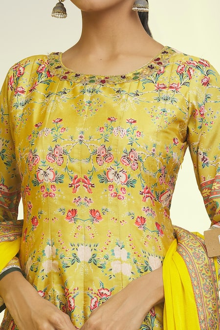 Shop_Samyukta Singhania_Yellow Silk, Denim Embroidery Round Neck Gardenia Print Anarkali With Dupatta_Online_at_Aza_Fashions