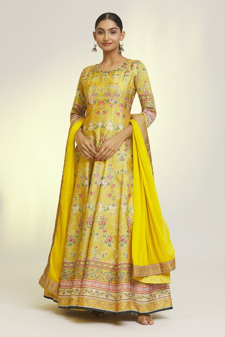 Samyukta Singhania_Yellow Silk, Denim Embroidery Round Neck Gardenia Print Anarkali With Dupatta_at_Aza_Fashions