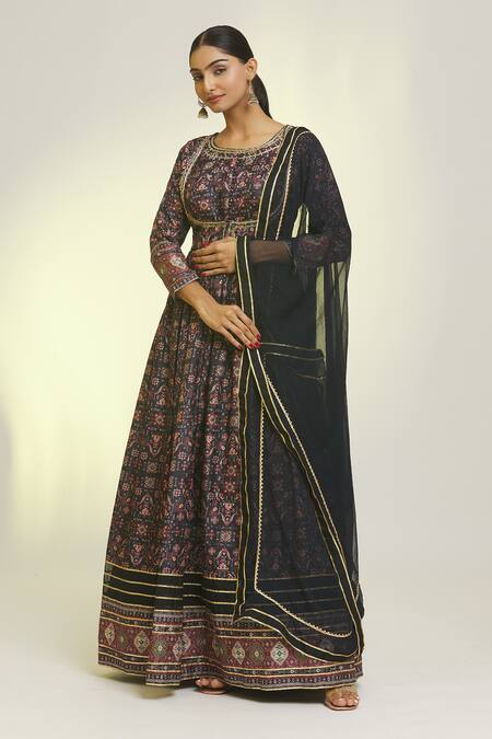 Shop_Samyukta Singhania_Black Chiffon, Silk Gota Patti, Embroidery Round Mosaic Fleur Print Anarkali Set_Online_at_Aza_Fashions