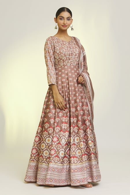 Shop_Samyukta Singhania_Purple Chiffon, Silk Embroidery Round Damask Fleur Print Anarkali With Dupatta _Online_at_Aza_Fashions