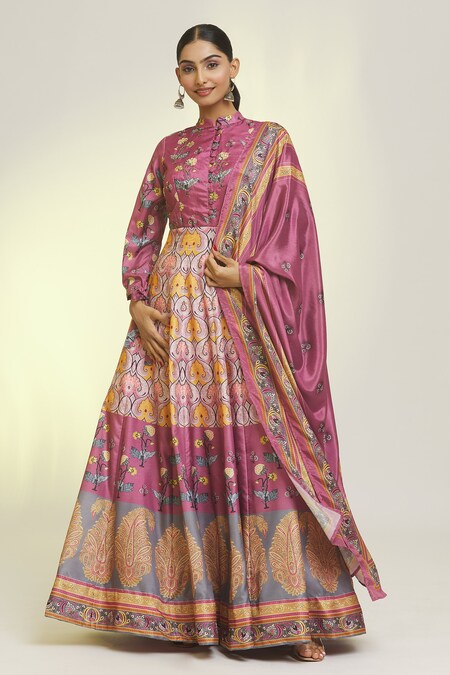 Khwaab by Sanjana Lakhani Purple Soft Dola Silk Print Acanthus Bloom Mandarin Collar Anarkali With Dupatta