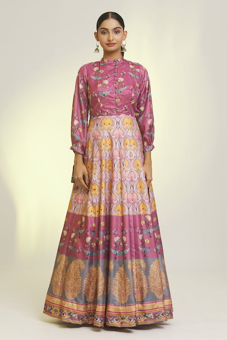 Samyukta Singhania_Purple Chiffon, Silk, Denim Acanthus Bloom Print Anarkali With Dupatta _Online_at_Aza_Fashions