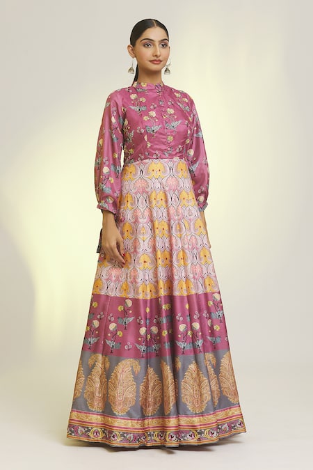 Buy_Samyukta Singhania_Purple Chiffon, Silk, Denim Acanthus Bloom Print Anarkali With Dupatta _Online_at_Aza_Fashions