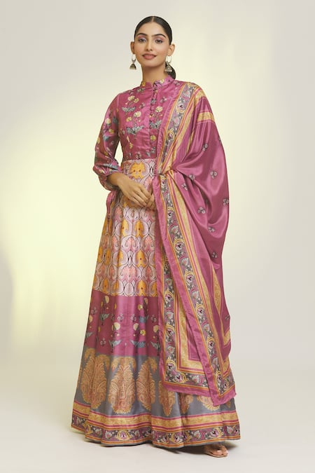 Shop_Samyukta Singhania_Purple Chiffon, Silk, Denim Acanthus Bloom Print Anarkali With Dupatta _Online_at_Aza_Fashions