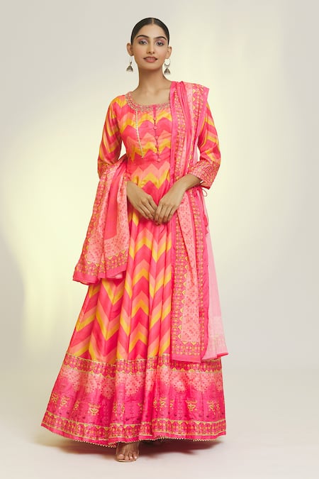 Khwaab by Sanjana Lakhani Multi Color Soft Dola Silk Print Alluring Chevron Round Anarkali With Dupatta