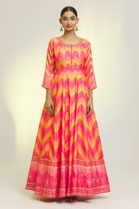 Samyukta Singhania Multi Color Chiffon Embroidery Alluring Chevron Print Anarkali With Dupatta Online at Aza Fashions Samyukta Singhania_Multi Color Chiffon Embroidery Alluring Chevron Print Anarkali With Dupatta_Online_at_Aza_Fashions