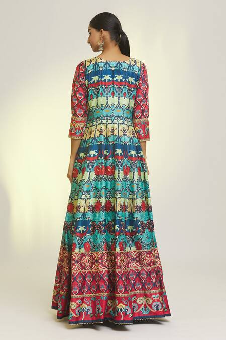 Shop Samyukta Singhania Multi Color Embroidery Round Neck Baroque Bloom Print Anarkali With Dupatta at Aza Fashions Shop_Samyukta Singhania_Multi Color Embroidery Round Neck Baroque Bloom Print Anarkali With Dupatta_at_Aza_Fashions