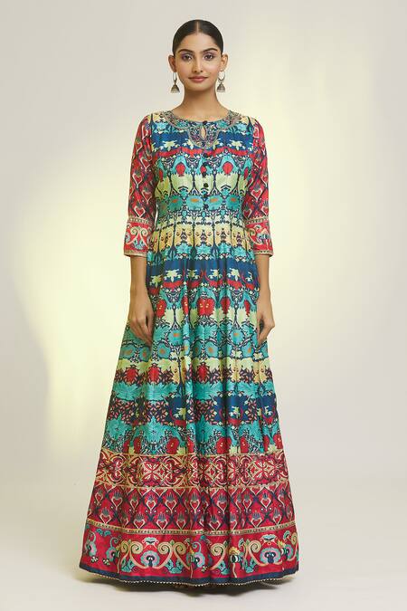 Samyukta Singhania Multi Color Embroidery Round Neck Baroque Bloom Print Anarkali With Dupatta Online at Aza Fashions Samyukta Singhania_Multi Color Embroidery Round Neck Baroque Bloom Print Anarkali With Dupatta_Online_at_Aza_Fashions