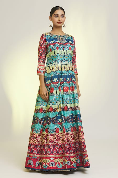 Buy Samyukta Singhania Multi Color Embroidery Round Neck Baroque Bloom Print Anarkali With Dupatta Online at Aza Fashions Buy_Samyukta Singhania_Multi Color Embroidery Round Neck Baroque Bloom Print Anarkali With Dupatta_Online_at_Aza_Fashions
