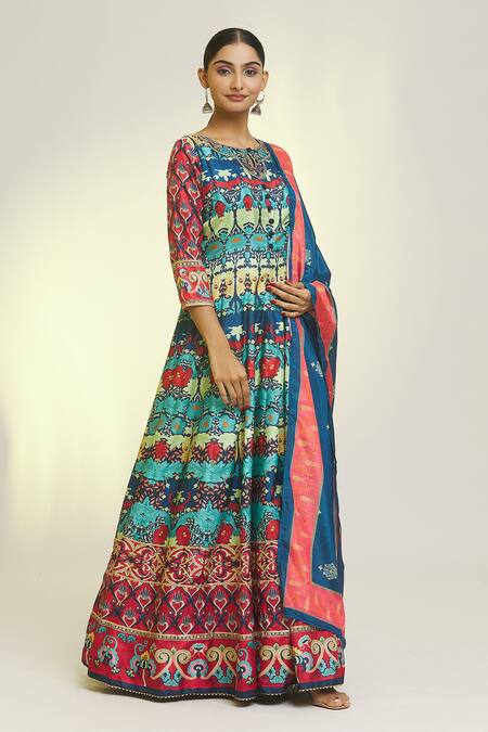 Shop Samyukta Singhania Multi Color Embroidery Round Neck Baroque Bloom Print Anarkali With Dupatta Online at Aza Fashions Shop_Samyukta Singhania_Multi Color Embroidery Round Neck Baroque Bloom Print Anarkali With Dupatta_Online_at_Aza_Fashions