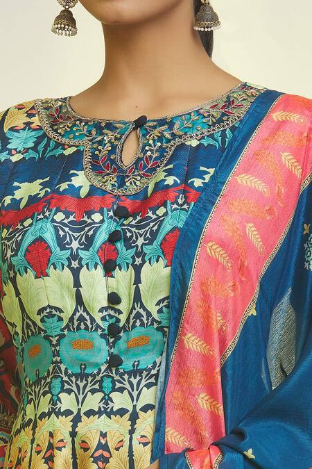 Samyukta Singhania Multi Color Embroidery Round Neck Baroque Bloom Print Anarkali With Dupatta at Aza Fashions Samyukta Singhania_Multi Color Embroidery Round Neck Baroque Bloom Print Anarkali With Dupatta_at_Aza_Fashions