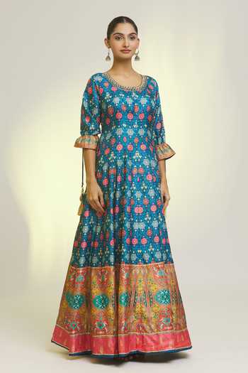 Samyukta Singhania_Blue Denim Embroidery Round Neck French Fleur Print Anarkali With Dupatta _Online_at_Aza_Fashions