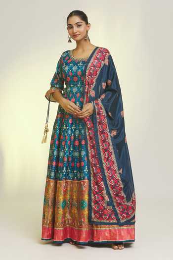Buy_Samyukta Singhania_Blue Denim Embroidery Round Neck French Fleur Print Anarkali With Dupatta _Online_at_Aza_Fashions