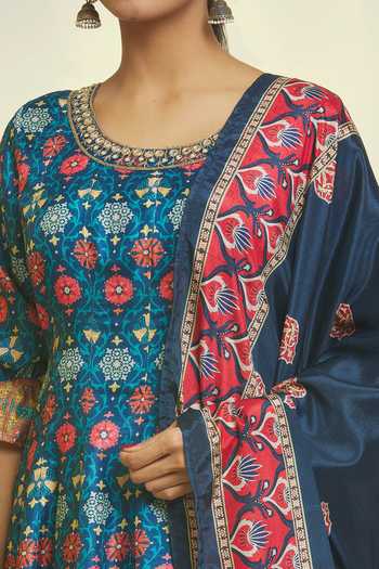 Shop_Samyukta Singhania_Blue Denim Embroidery Round Neck French Fleur Print Anarkali With Dupatta _Online_at_Aza_Fashions