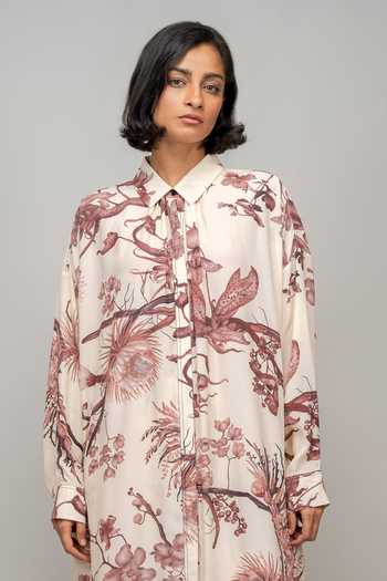 LEH STUDIOS_Off White Viscose Collared Garden Aurora Borealis Printed Shirt Dress_Online_at_Aza_Fashions