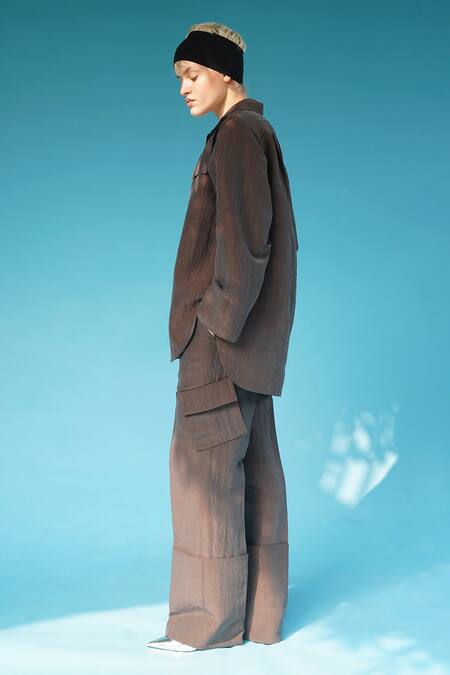 Leh Studios_Grey Viscose Husk Flared Trouser_Online_at_Aza_Fashions