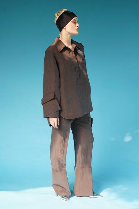 Buy_Leh Studios_Grey Viscose Husk Flared Trouser_Online_at_Aza_Fashions