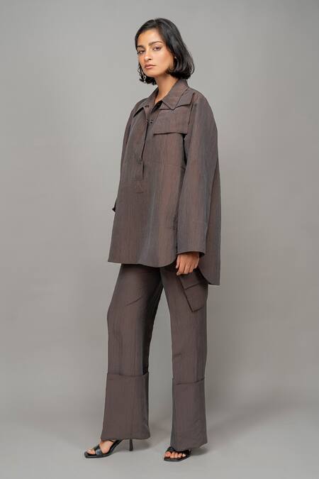 Shop_Leh Studios_Grey Viscose Husk Flared Trouser_Online_at_Aza_Fashions