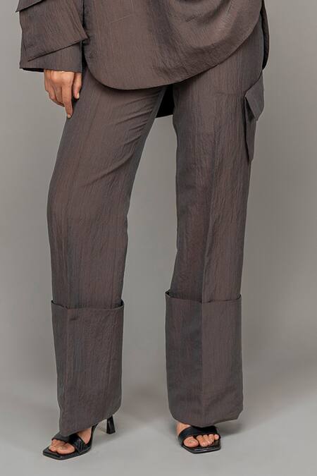 Leh Studios_Grey Viscose Husk Flared Trouser_at_Aza_Fashions
