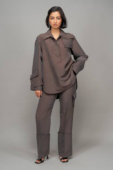 Buy_Leh Studios_Grey Viscose Husk Flared Trouser