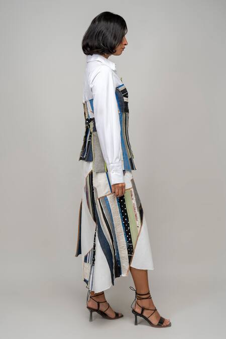 Leh Studios_Multi Color Cotton Patchwork Collared Repurpose Embroidered Corset Shirt_Online_at_Aza_Fashions