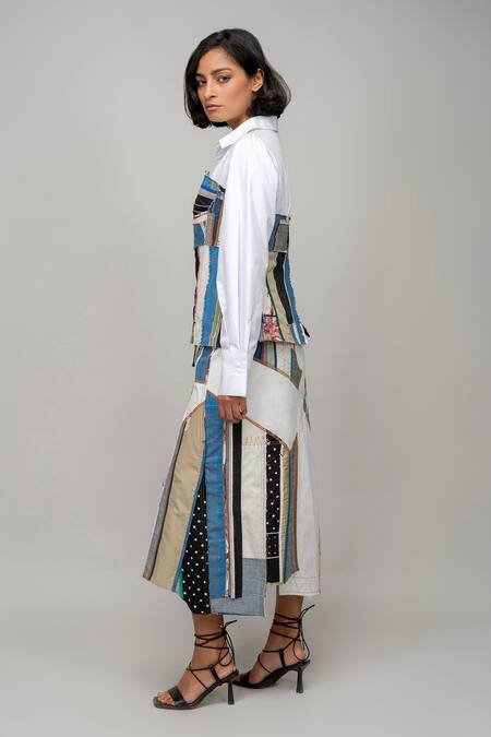 Buy_Leh Studios_Multi Color Cotton Patchwork Collared Repurpose Embroidered Corset Shirt_Online_at_Aza_Fashions