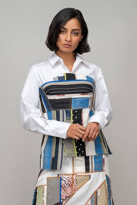 Shop_Leh Studios_Multi Color Cotton Patchwork Collared Repurpose Embroidered Corset Shirt_Online_at_Aza_Fashions