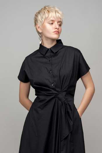 Shop LEH STUDIOS Black Cotton Collared Wrap Dress Online at Aza Fashions Shop_LEH STUDIOS_Black Cotton Collared Wrap Dress _Online_at_Aza_Fashions