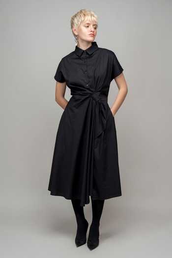 LEH STUDIOS Black Cotton Collared Wrap Dress at Aza Fashions LEH STUDIOS_Black Cotton Collared Wrap Dress _at_Aza_Fashions