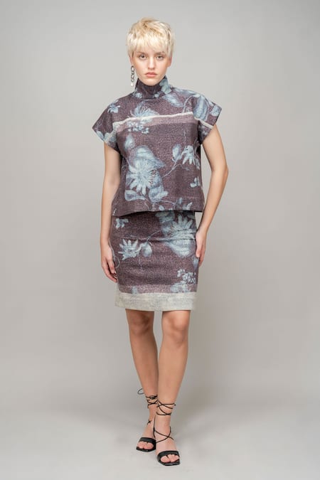 Leh Studios Blue Wool High Neck Aurora Borealis Garden Print Top