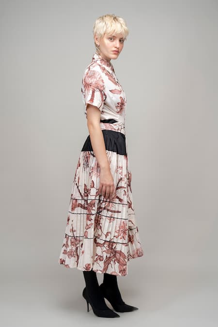 Leh Studios_Off White Cotton Collared Night Lily Print Pleated Church Dress _Online_at_Aza_Fashions