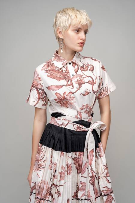Buy_Leh Studios_Off White Cotton Collared Night Lily Print Pleated Church Dress _Online_at_Aza_Fashions
