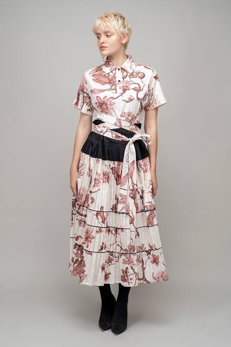 Shop_Leh Studios_Off White Cotton Collared Night Lily Print Pleated Church Dress _Online_at_Aza_Fashions