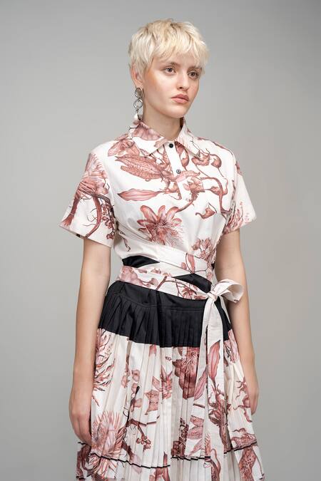 Leh Studios_Off White Cotton Collared Night Lily Print Pleated Church Dress _at_Aza_Fashions