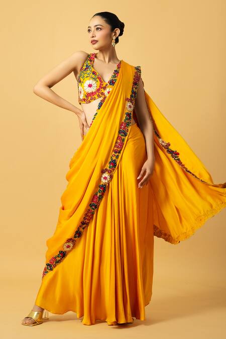 Buy_Quench A Thirst_Yellow Modal, Satin Floral Thread Embroidered Pre-draped Saree With Blouse _Online_at_Aza_Fashions