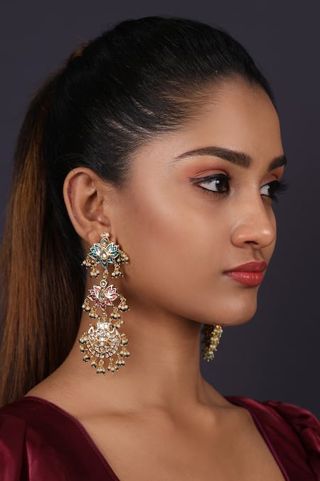 Just Jewellery Gold Plated Kundan Lotus Carved Layered Chandbalis 
