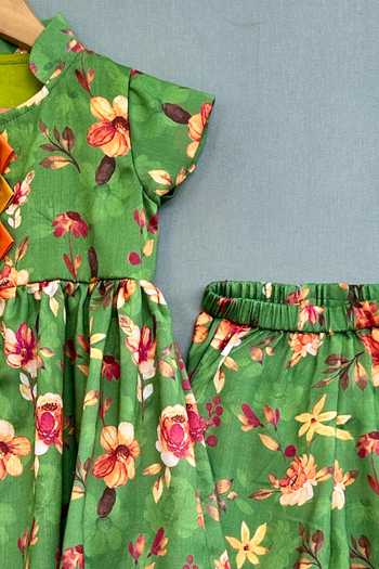Label Neeti_Green Satin, Sequins Floral Print Peplum Kurta And Palazzo Set _Online_at_Aza_Fashions