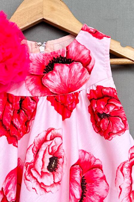 Label Neeti_Pink Muslin, Cotton Applique Poppy Print Flared Dress _Online_at_Aza_Fashions
