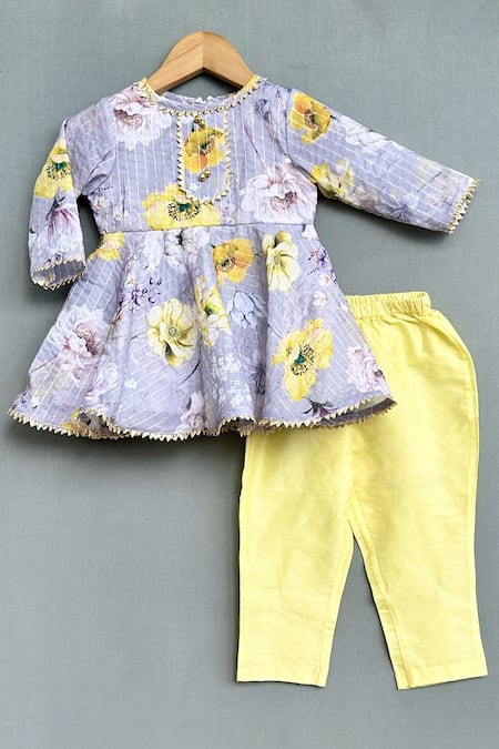 Label Neeti Grey Cotton Printed And Hand Embroidered Floret Peplum Kurta & Pant Set 